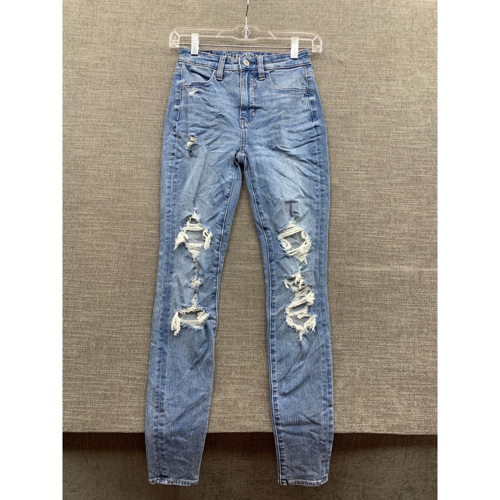 American Eagle The Dream Jeans Women's 00 Blue Denim Distressed Comfort Mid Rise